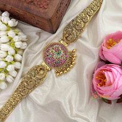 Mayura Motif Antique Gold Filigree With Peacock & Floral Pendant Hipbelt-Gold Bead-Vriksham-G22844