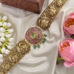 Artisan-Crafted Ornate Peacock Filigree With Peacock Pendant Hipbelt-Green Bead-Vriksham-G22843