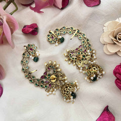 Vriksham Peacock Leaf & Floral Style Bridal With Pearls Deataling EarCuff-Green Red & White-G21105