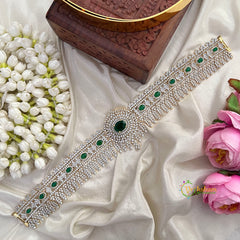 Royal AD White Stone & Emerald Oval Cut Crystal With leaf Drop Bridal Hipbelt-Vriksham-G22879