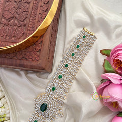 Royal AD White Stone & Emerald Oval Cut Crystal With leaf Drop Bridal Hipbelt-Vriksham-G22879