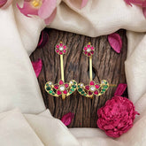 Vriksham Floral With Peacock Jadau Kundan Stud With Ear cuff-Red Green & White-J3941