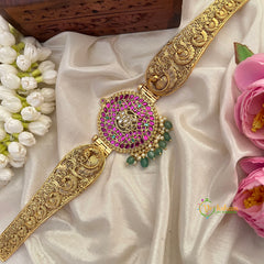 Peacock Feather Circular Medallion Pendant With Peacock Work Hipbelt-Vriksham-G22885