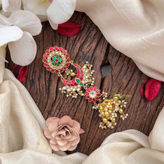 Vriksham Elegant Floral & Chand Motif Kundan Jadau Jhumka Jad Billai-Red Green & White-Green Bead-Pearls-J4194