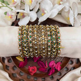 Vriksham Antique Gold & Emerald Green Geometric Floral Silk Bangles Set-G21702