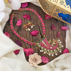 Vriksham Designer Peacock Pendant Kundan Jadau Neckpiece-Red-White Bead-J2852
