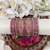 Vriksham Traditional Heritage Pink & Lavender Multi-Color Stone Work With Pearl-Style Accents Silk Bangles Set-G21705