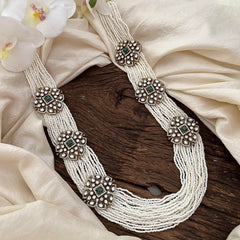 White Bead Layered Victorian Diamond Long Neckpiece -VV880