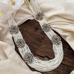White Bead Layered Victorian Diamond Long Neckpiece -VV880