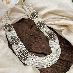 White Bead Layered Victorian Diamond Long Neckpiece -VV880