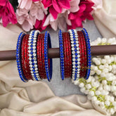Vriksham Royal Red Color With Blue Kundan Side Floral Kada Style Glass Bangle Set-G21726