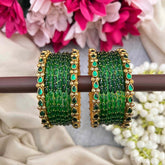 Vriksham Parrot Green Color With Pear Kundan Side Floral Kada Style Glass Bangle Set-G21727
