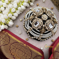 Elegant Embellished Round Potli Clutch With Kundan & Metal Detailing Bun Cage-Vriksham-G22897