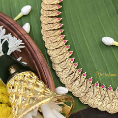 Vriksham Dual Peacock Pendant With Peacock Lakshmi Coin Kundan Jadau Long Neckpiece-Red Green & White-Pearls & Green Bead-J4000
