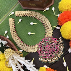 Vriksham Dual Peacock Pendant With Peacock Lakshmi Coin Kundan Jadau Long Neckpiece-Red Green & White-Pearls & Green Bead-J4000