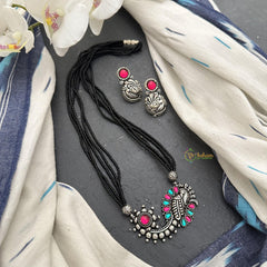Silver Polish Peacock Pendant Black Beaded Neckpiece-S903