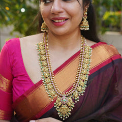 Vriksham Classic Peacock Golden Grace Kundan Jadau Guttapusalu Long Neckpiece-Green & Rice Pearl Bead-J3821