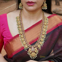 Vriksham Classic Peacock Golden Grace Kundan Jadau Guttapusalu Long Neckpiece-Green & Rice Pearl Bead-J3821