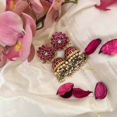 Vriksham Handcrafted Pink Floral Kundan Jadau With Green Beads and Pearl Tassels Jhumkas Earrings-J4216