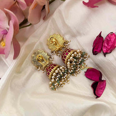 Vriksham Handcrafted Pink Floral Kundan Jadau With Green Beads and Pearl Tassels Jhumkas Earrings-J4216