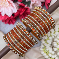 Vriksham Orange Bridal Bangle Stack with Clear Crystal Spacers Glass Bangles Set-G21753