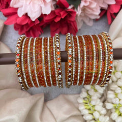 Vriksham Orange Bridal Bangle Stack with Clear Crystal Spacers Glass Bangles Set-G21753