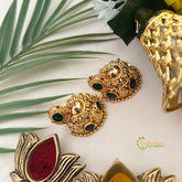 Antique Kerala Nakshi Temple Jhumka Earrings With Green Pink Stones Gold -Vriksham-G22456