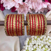 Vriksham Red & Golden With Triangle-Cut Gold Glass Bangles Set-G21755