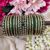 Vriksham Deep Forest Green With Antique Gold Leaf-Design Kadas Glass Bangles Set-G21757