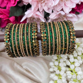 Vriksham Traditional Green Stack With Antique Gold Filigree Glass Bangles Set-G21759