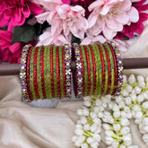 Vriksham Lime Green & Crimson With Moon-Phase Purple Kadas Glass Bangles Set-G21760