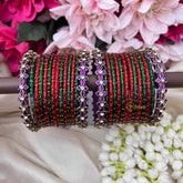 Vriksham Red and Green With Purple Geometric Stone Kadas Glass Bangles Set-G21762