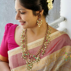 Vriksham Antique Floral Gold With Mango Motifs & Pearl Kundan Jadau Guttapusalu Long Neckpiece-Green Bead & Rice Pearls-J4107
