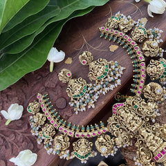Vriksham Designer Guttapusalu Double Lakshmi Style Pendant-Red Green White -White & Green Bead-J3323