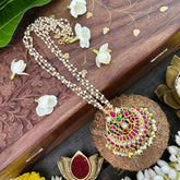 Vriksham Half Moon Style Kundan Jadau 3 Layer Beaded necklace-Red White Green-Pearl-J3334