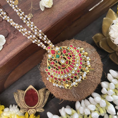 Vriksham Half Moon Style Kundan Jadau 3 Layer Beaded necklace-Red White Green-Pearl-J3334