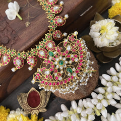 Vriksham Maanga Style Kundan Jadau Neckpiece-Red Green-Pearl-J3330