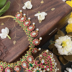 Vriksham Maanga Style Kundan Jadau Neckpiece-Red Green-Pearl-J3330