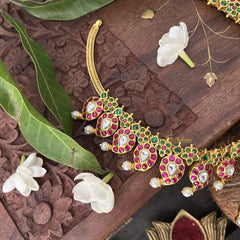 Vriksham Maanga Style Kundan Jadau Neckpiece-Red Green-Pearl-J3330
