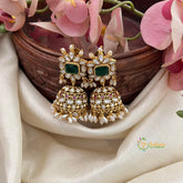 Vriksham Emerald Green Kundan Stone Jhumka-White Green Pearls-G16626