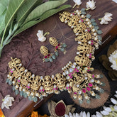 Vriksham God Lakshmi Style Kundan Jadau Short Choker-Aqua Green Bead-J3387