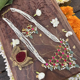 Vriksham Designer Pendant Pearl Beaded Kundan Jadau necklace-Red-Pastel Green Bead-J3456