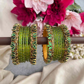 Vriksham Handcrafted Lime Green With Emerald Leaf Kadas Glass Bangles Set-G21763