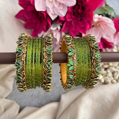 Vriksham Handcrafted Lime Green With Emerald Leaf Kadas Glass Bangles Set-G21763