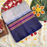 Vriksham Light Gary & Dark Blue Border With Gold Accents Silk Cotton Saree-VS4633