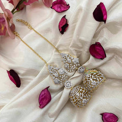 Vriksham Crystal Sparkle AD Stone Leaf & Flower Dome Kushbu Jhumka Earrings-Gold Bead-G21217