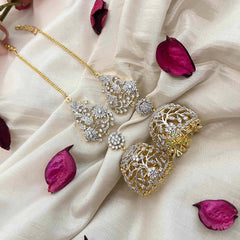 Vriksham Crystal Sparkle AD Stone Leaf & Flower Dome Kushbu Jhumka Earrings-Gold Bead-G21217