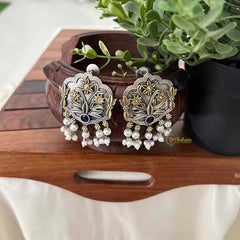 Vriksham Dual-Tone Oxidized Silver and Gold Floral With Sapphire Blue Stone and Pearl Hangings Dual-Tone Oxidized Silver and Gold Floral Stud Earrings with Sapphire Blue Stone and Pearl Hangings-S1113