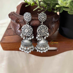 Vriksham Triple-Tier Oxidized Silver Floral With Layered Pearl Clusters Jhumka Earrings-S1119