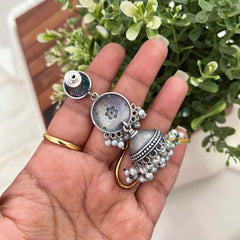 Vriksham Triple-Tier Oxidized Silver Floral With Layered Pearl Clusters Jhumka Earrings-S1119